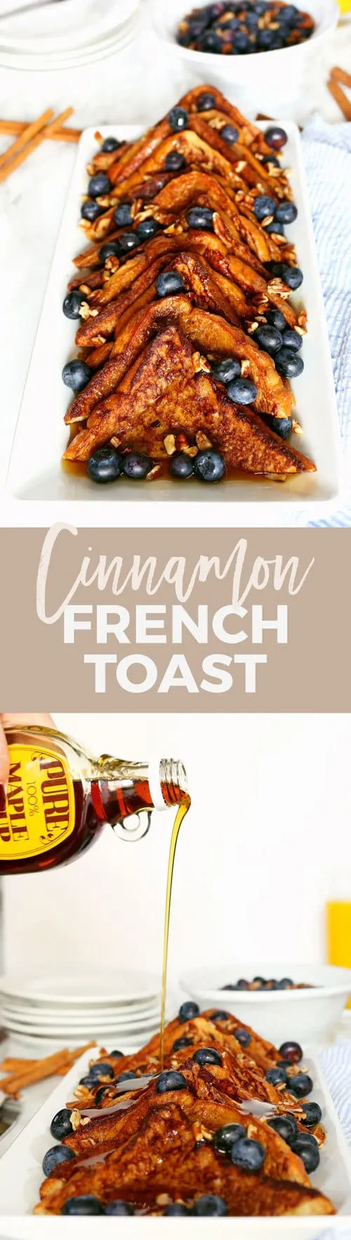 This cinnamon french toast is a great addition to your next brunch with simple ingredients. Top with fresh blueberries, pecans and maple syrup.
