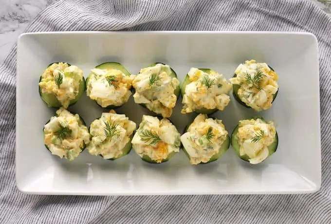 overhead picture of egg salad cucumber canapés