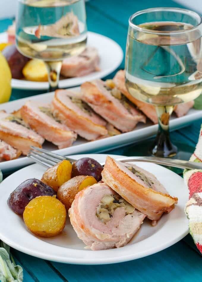 bacon wrapped apple stuffed pork tenderloin