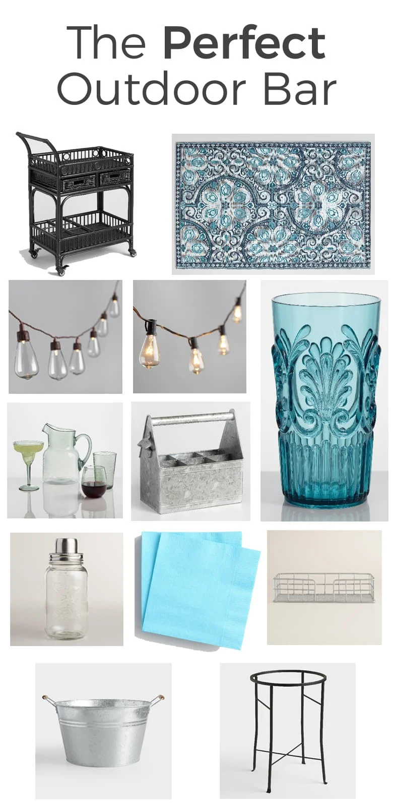 The perfect outdoor bar is a mix of classic pieces and color. Keep it unisex by sticking with a fun, yet neutral palette and galvanized steel.