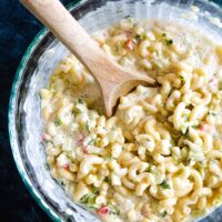 macaroni salad recipe in a glass bowl