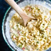 macaroni salad recipe in a glass bowl
