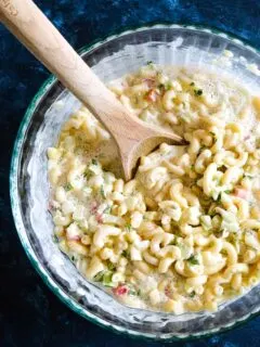 macaroni salad recipe in a glass bowl