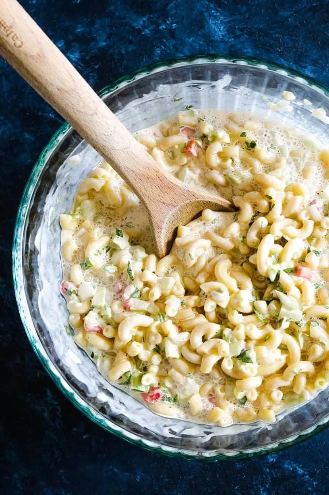 macaroni salad recipe in a glass bowl