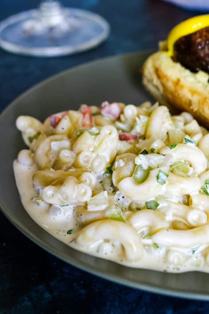 macaroni salad on a grey plate