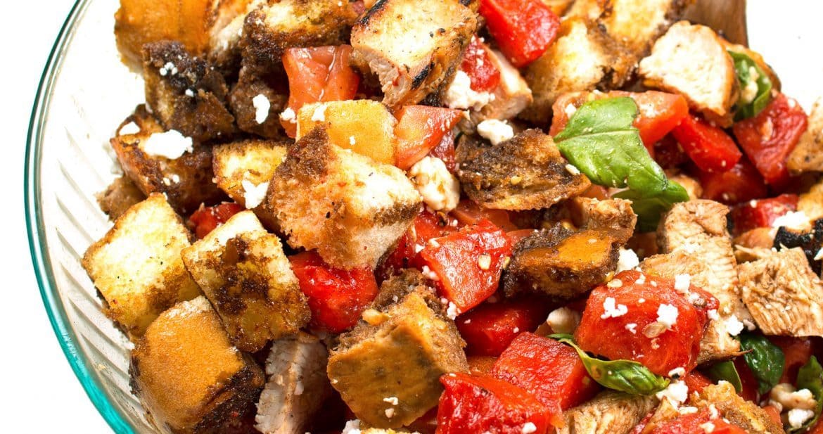 Grilled watermelon chicken panzanella salad is a great unique addition to any summer barbecue! It's easy to make and full of color and flavor.