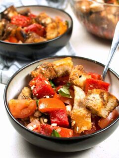 Grilled watermelon chicken panzanella salad is a great unique addition to any summer barbecue! It's easy to make and full of color and flavor.