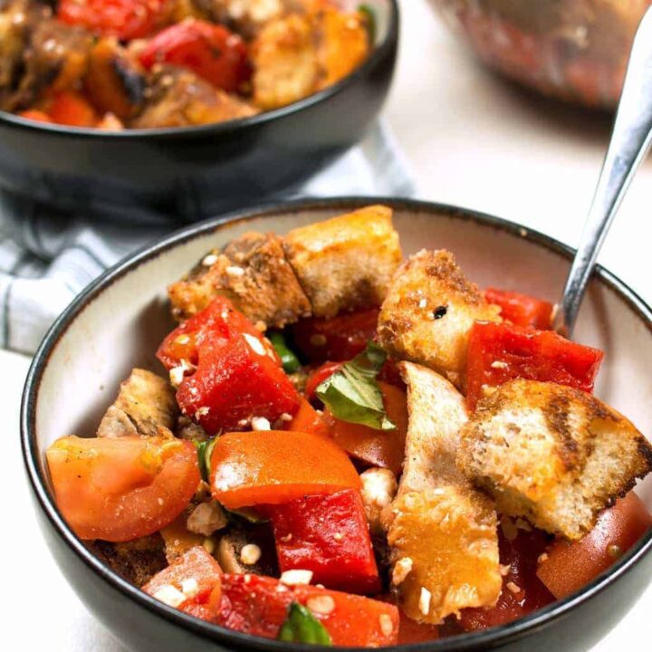 Grilled watermelon chicken panzanella salad is a great unique addition to any summer barbecue! It's easy to make and full of color and flavor.