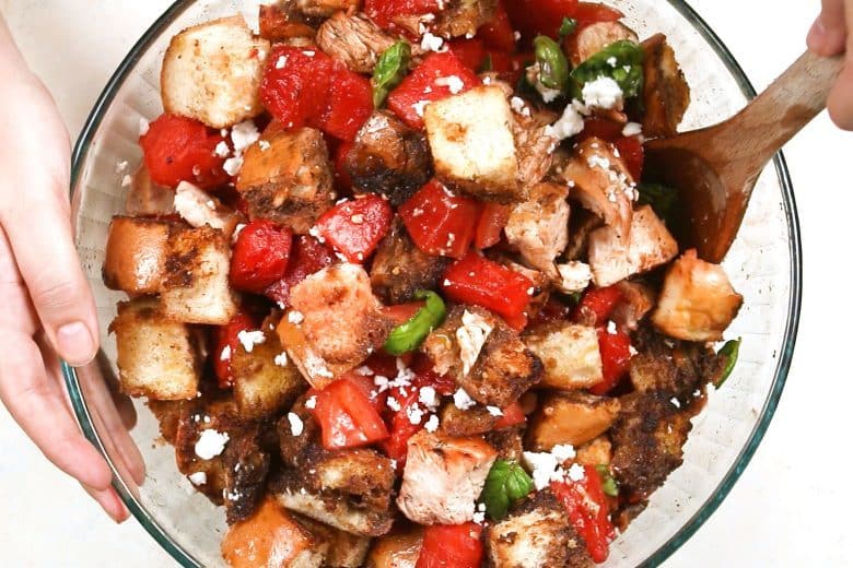 Grilled watermelon chicken panzanella salad is a great unique addition to any summer barbecue! It's easy to make and full of color and flavor.