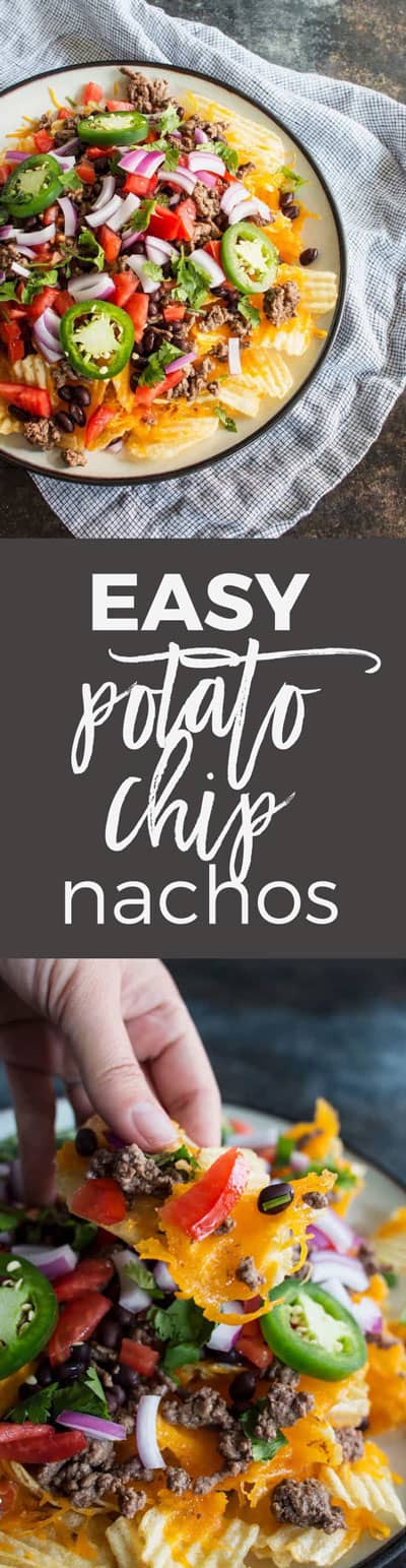 Last-minute tailgating party? Make these easy potato chip nachos with all of your favorite toppings! This is going to become your favorite game day food.