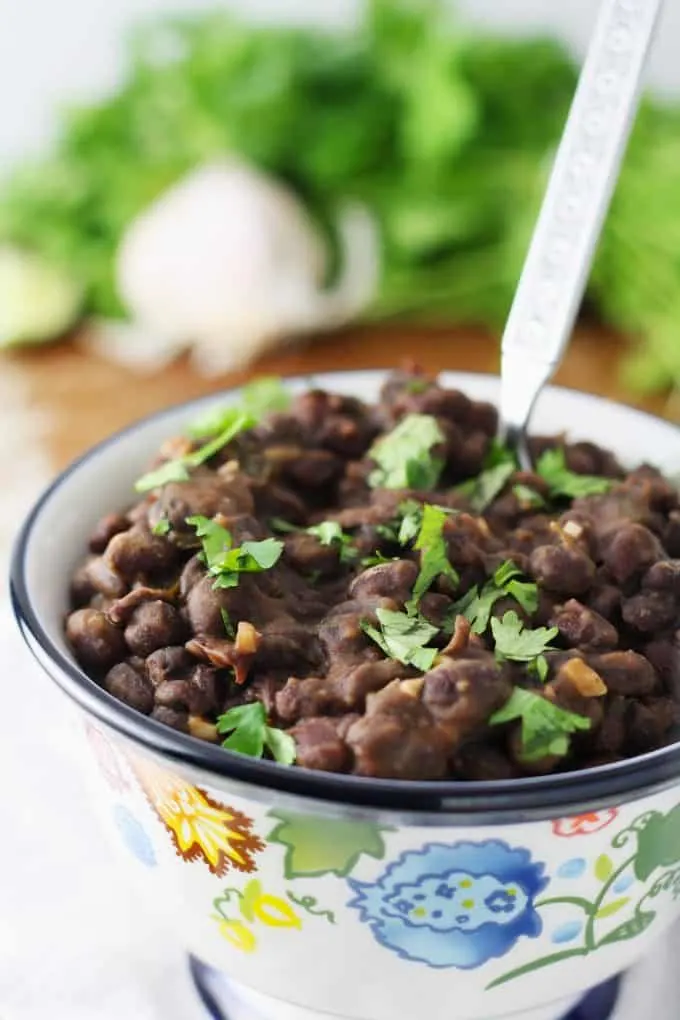 seasoned black beans in a flower bowl