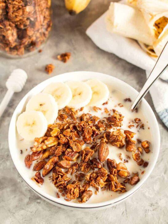 This make-ahead honey nut granola is the perfect easy breakfast! Mix up a batch and then eat it with milk or as a parfait.