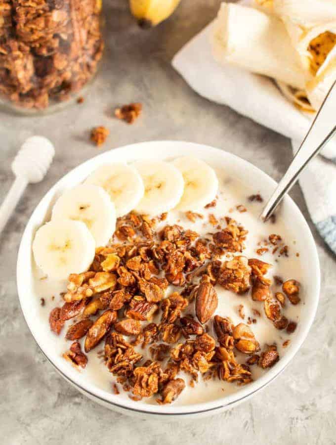 This make-ahead honey nut granola is the perfect easy breakfast! Mix up a batch and then eat it with milk or as a parfait.