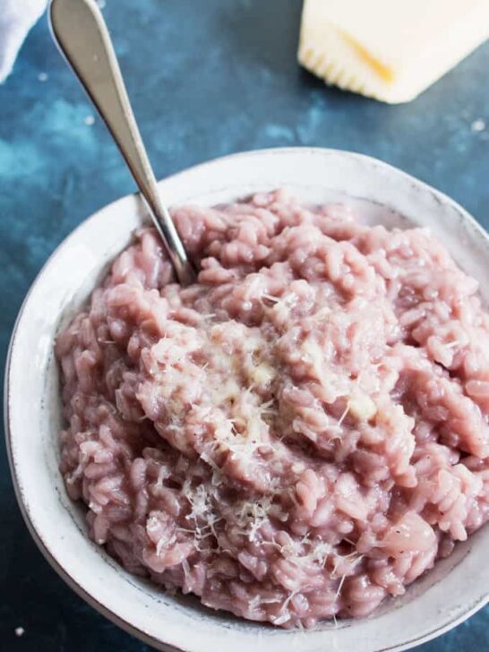 Treat yourself to homemade red wine risotto. All you need is 30 minutes and this exquisite dinner can be on the table!