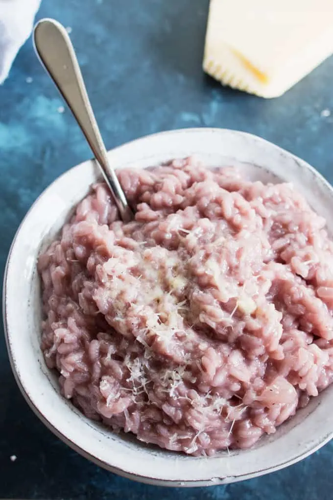 red wine risotto with spoon