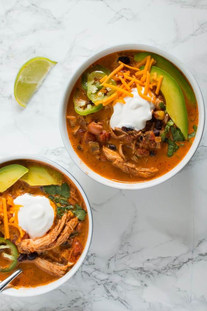 two bowls of chicken taco soup