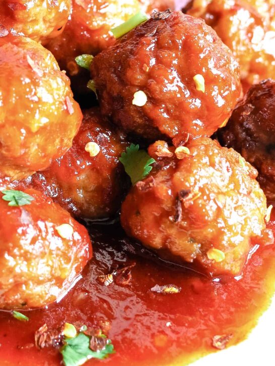 close up photo of sweet and spicy meatballs