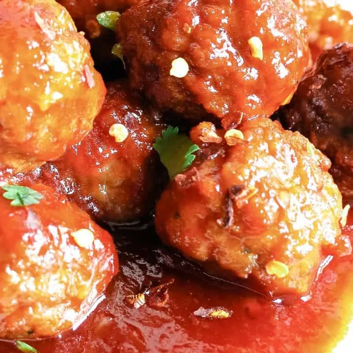 close up photo of sweet and spicy meatballs