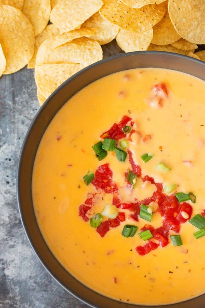 overhead photo of tomato queso dip