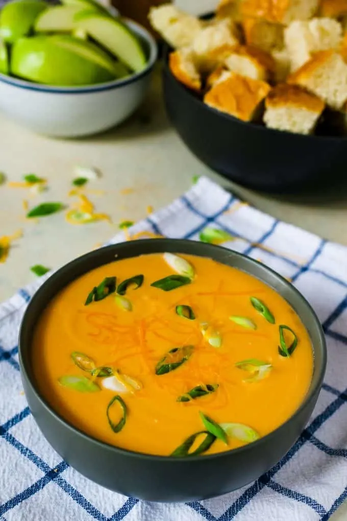 beer cheese dip in a grey bowl on a white and blue napkin