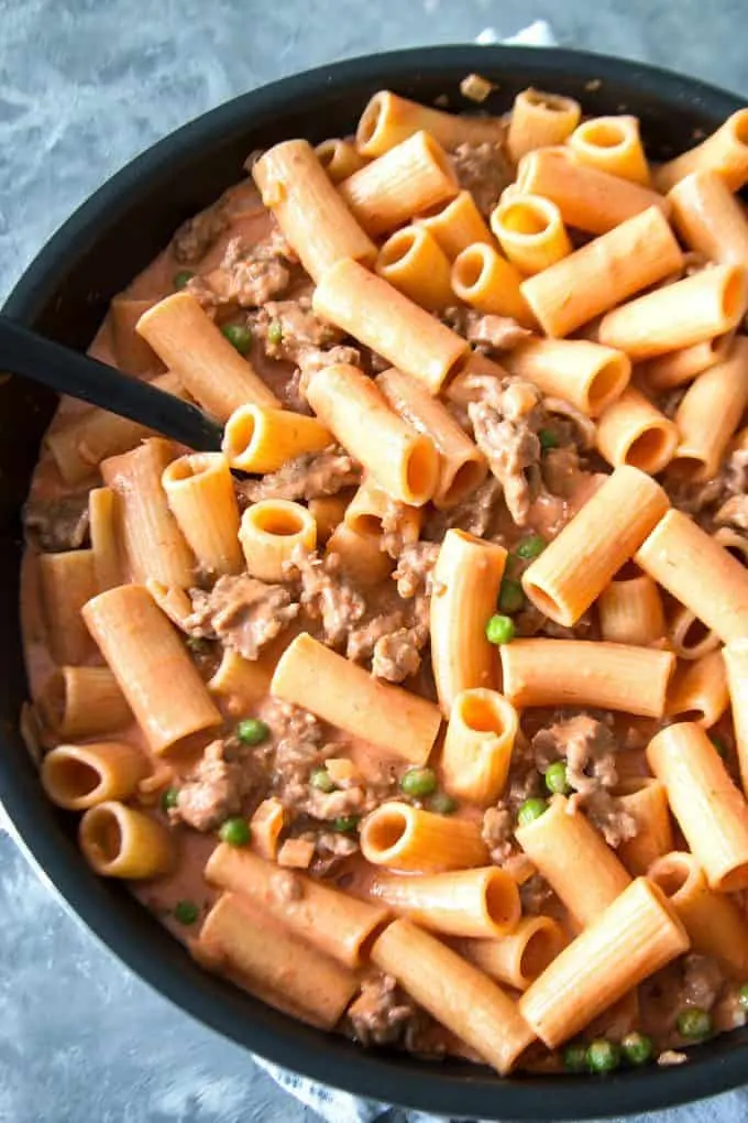 Country-Style Rigatoni in a skillet