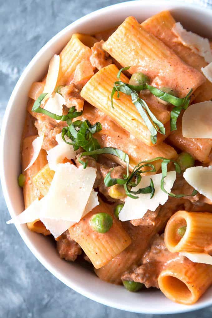 country-style rigatoni in a bowl