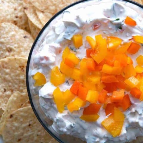 This recipe for easy sweet pepper dip is a great way to add a sweet and salty food to your party. Serve it with tortilla chips!