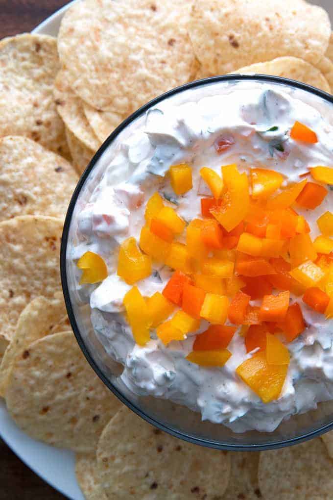 This recipe for easy sweet pepper dip is a great way to add a sweet and salty food to your party. Serve it with tortilla chips!