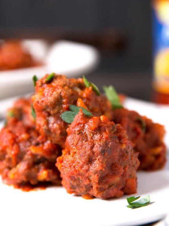 6 porcupine meatballs on a plate