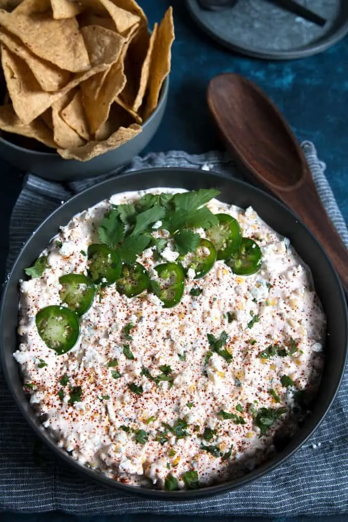 corn dip in a grey bowl