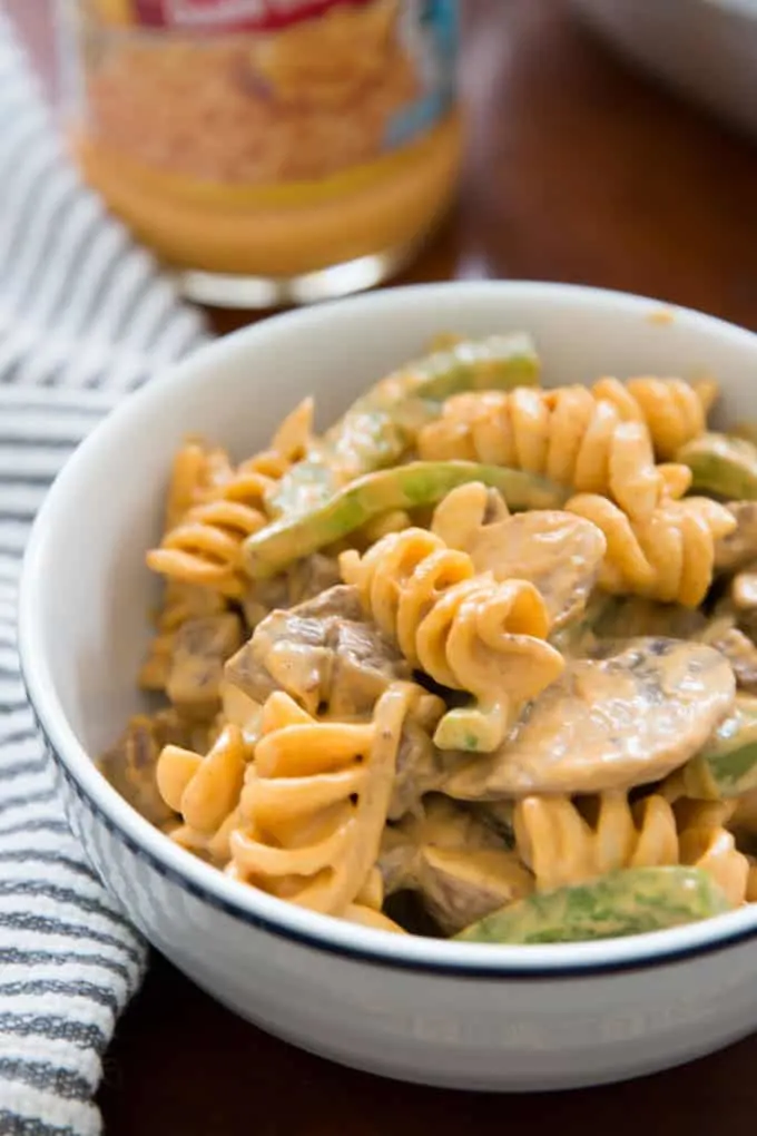 photo of Philly cheesesteak rotini in a white bowl