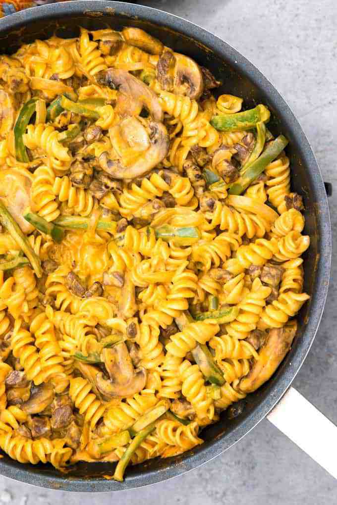 Philly cheesesteak rotini recipe in a pan