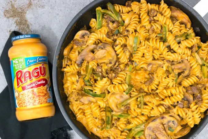 overhead photo of Philly cheesesteak rotini