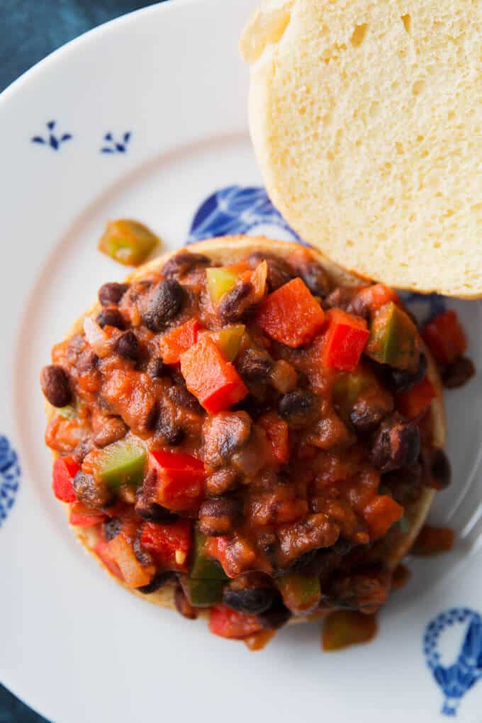 one open faced black bean sloppy Joe on a plate