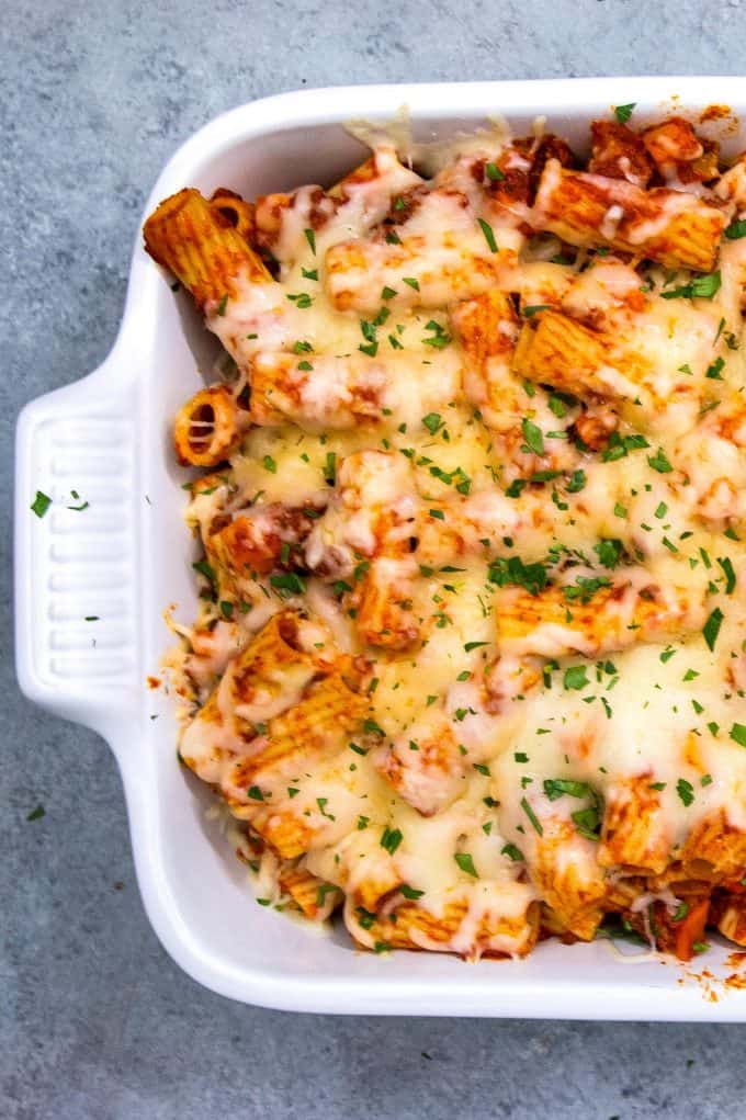 casserole dish of chorizo rigatoni bake