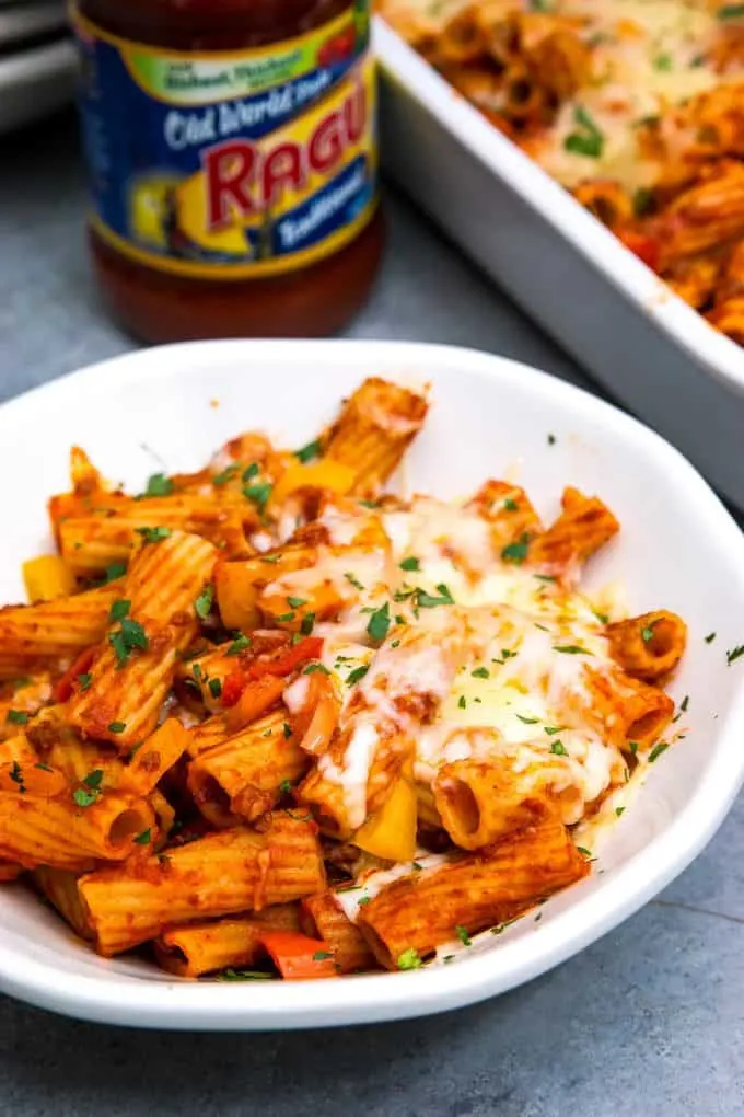 white bowl of chorizo rigatoni bake