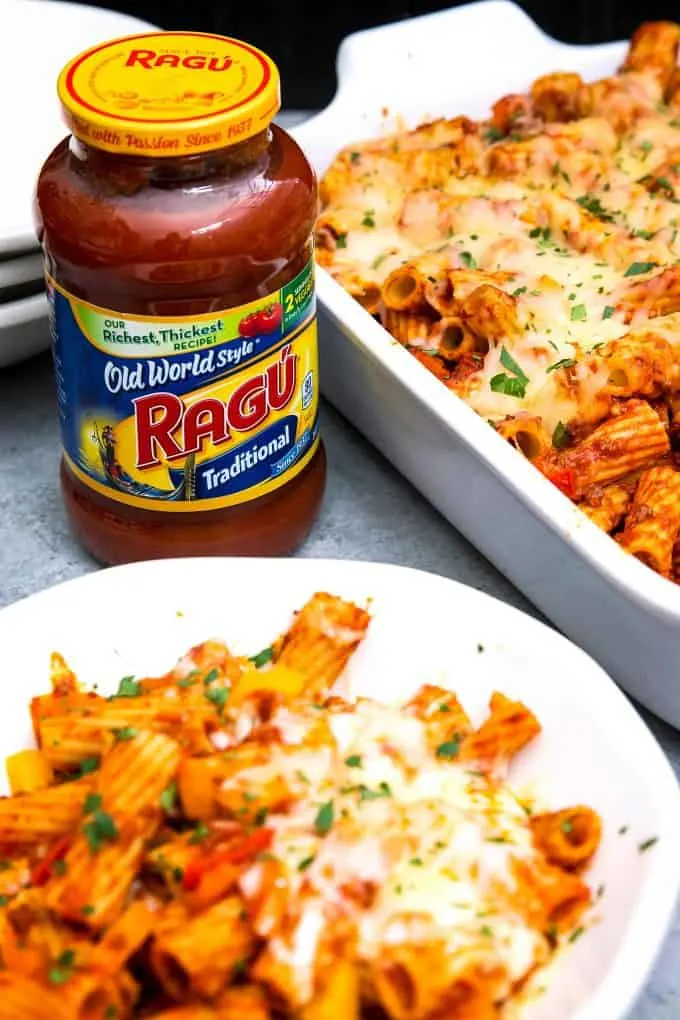 close up photo of RAGU sauce and a bowl of chorizo rigatoni casserole