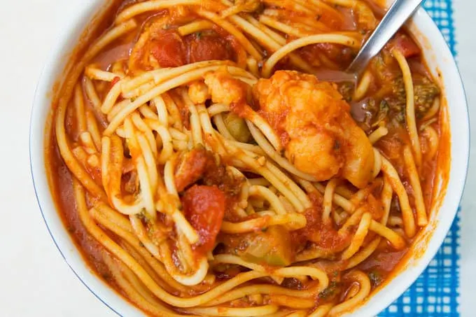 overhead photo of instant pot spaghetti soup