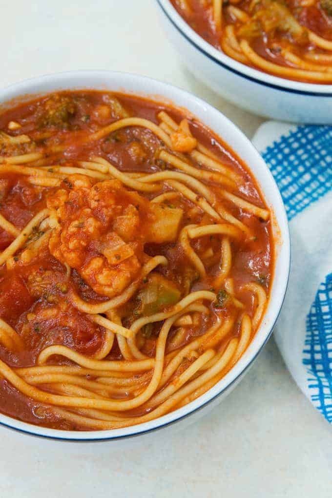 bowl of instant pot spaghetti soup