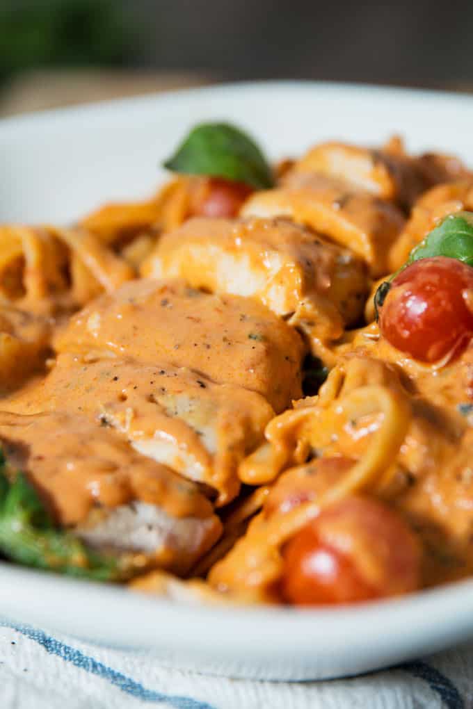 Rosa Chicken Caprese Pasta in a bowl