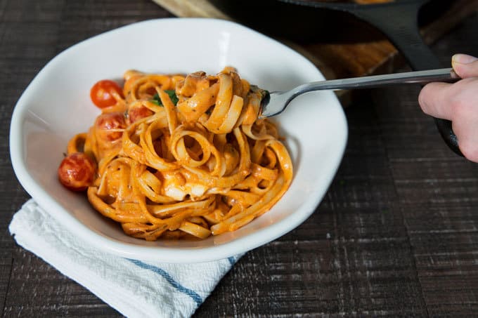 Rosa Chicken Caprese Pasta on a fork