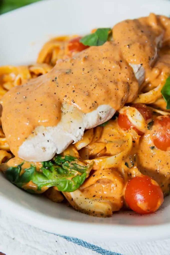 close up of Rosa Chicken Caprese Pasta