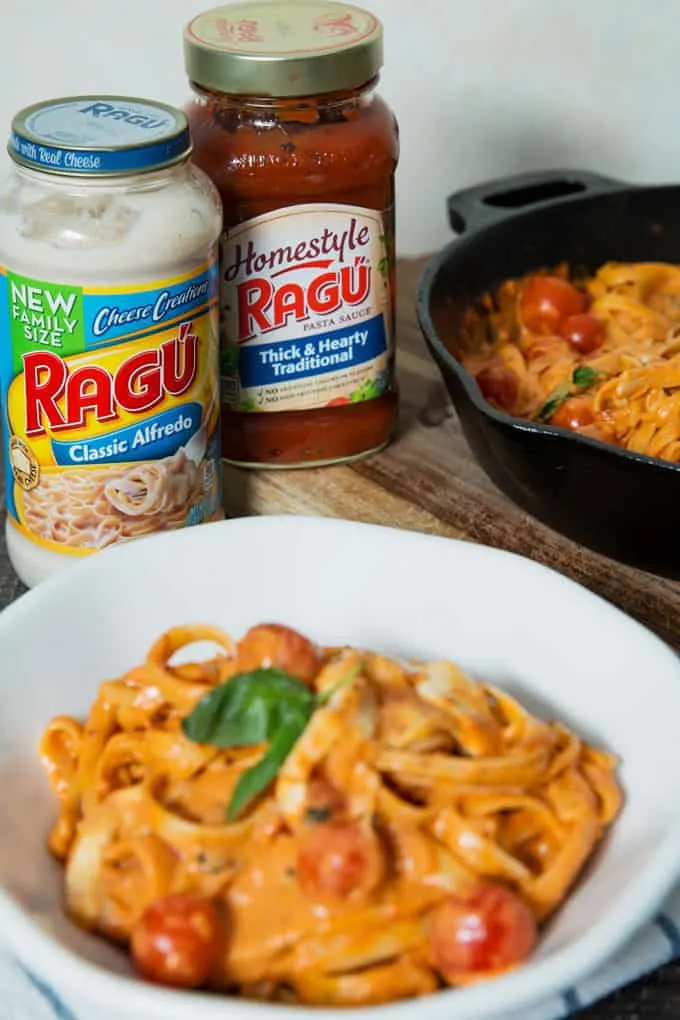 jars of Ragu classic Alfredo and thick and hearty traditional sauce and Rosa Chicken Caprese Pasta