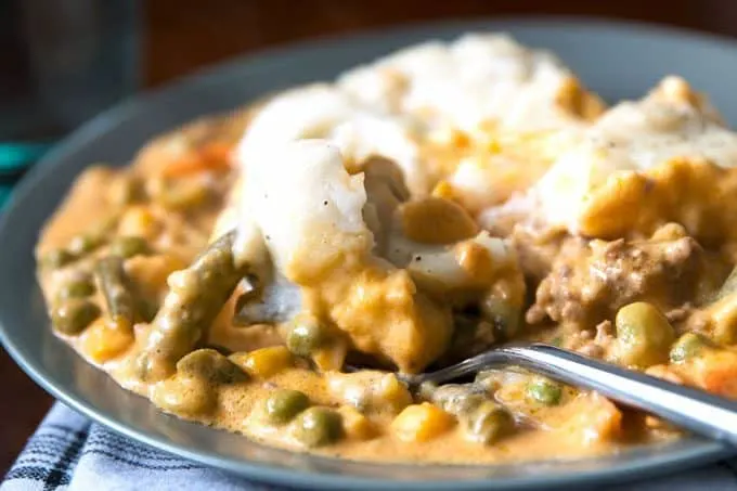 slow cooker shepherds pie with a fork