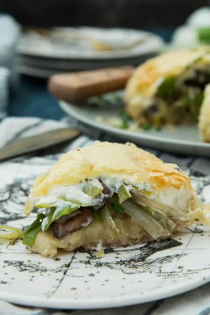 slice of leek mushroom cheese stuffed puff pastry