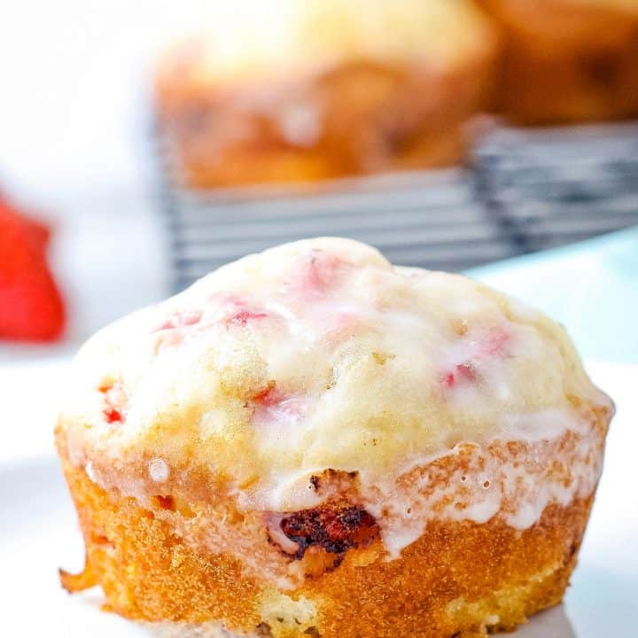 one strawberry muffin topped with glaze