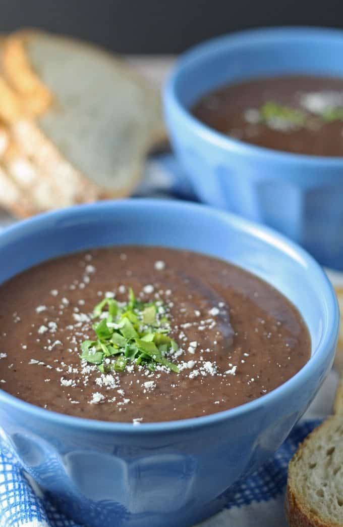 3 ingredient black bean soup in a blue bowl