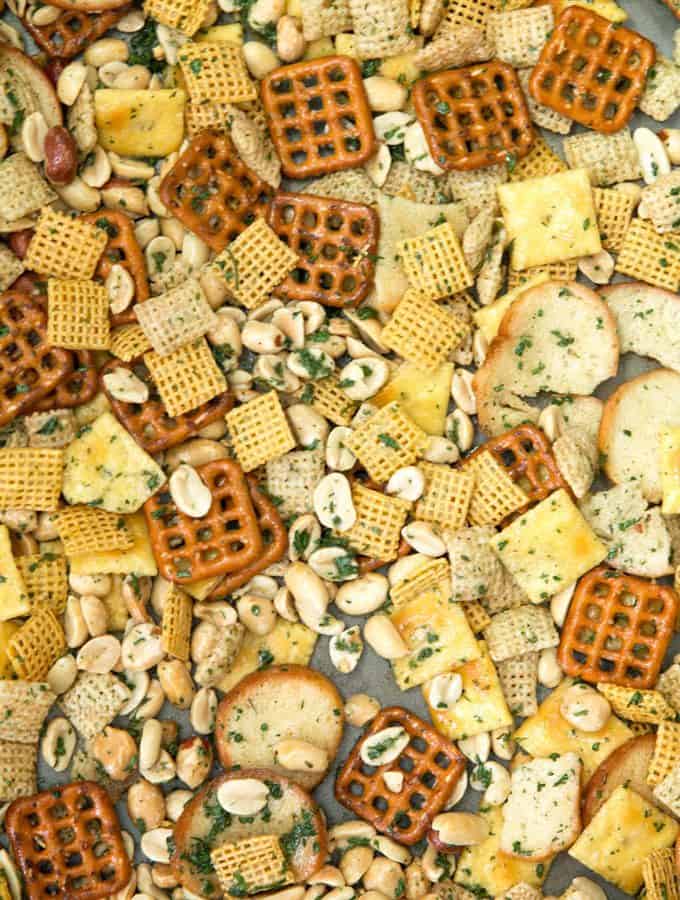 ranch snack mix on a sheet pan