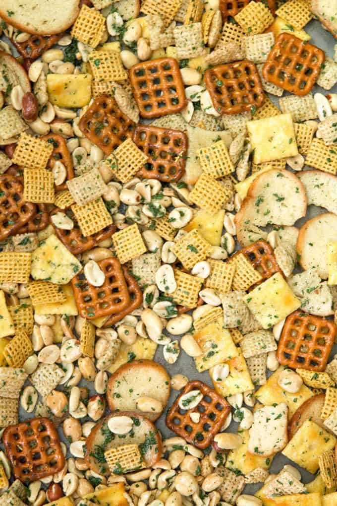 ranch snack mix on a sheet pan