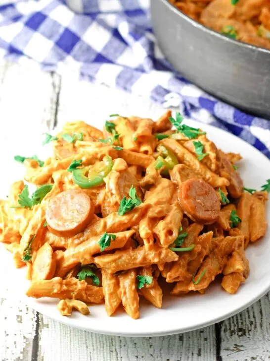 white plate of spicy sausage skillet
